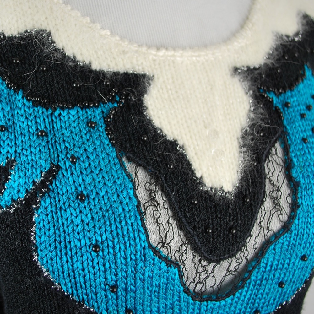 Vintage 80s Lara Ferrante Short Sleeve Angora Trim Sweater M - Picture 5 of 10